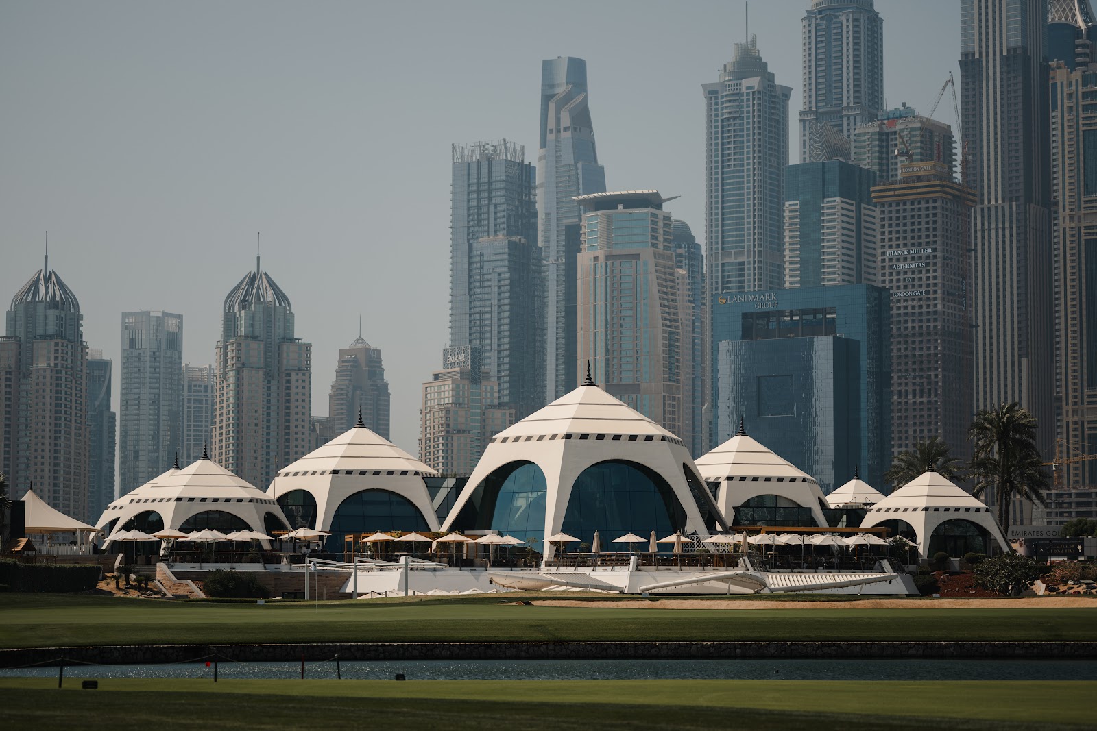 Emirates Golf Club, Dubai, fairways against the Dubai Marina skyline