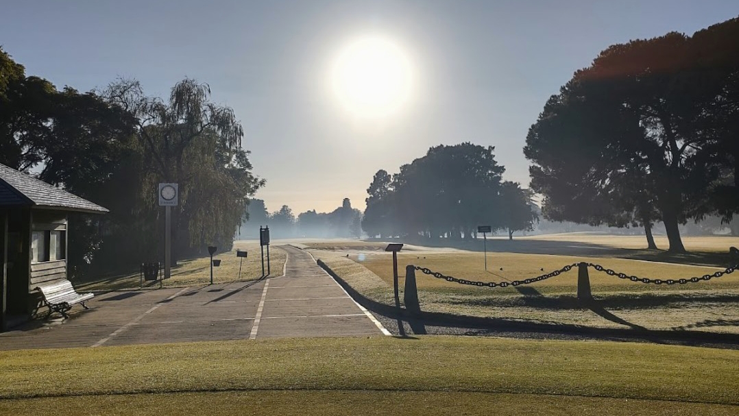 Early morning mist over the first fairway at the Jockey Club in San Isidro, Buenos Aires, with the starter's hut beside the tee