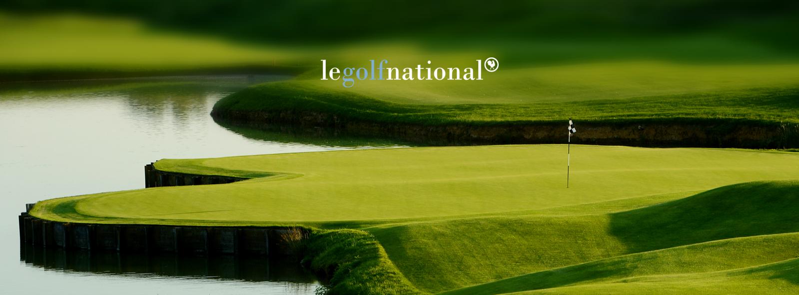 A championship golf course in France set up for a corporate event on a clear day