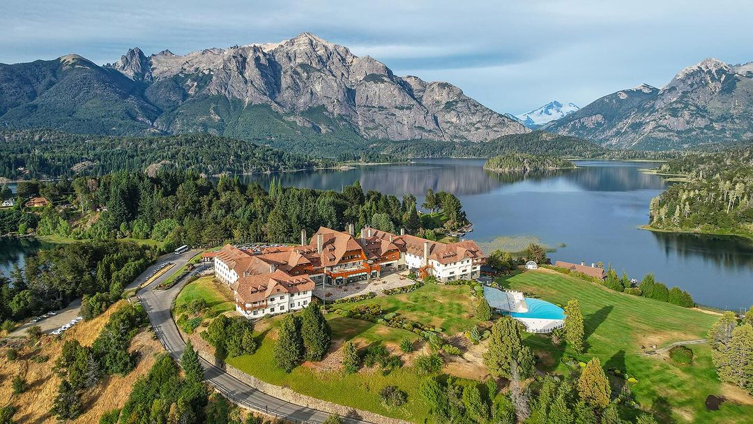 Llao Llao Golf Course on the forested peninsula at Bariloche, with the lakes and Andes of Argentine Patagonia beyond