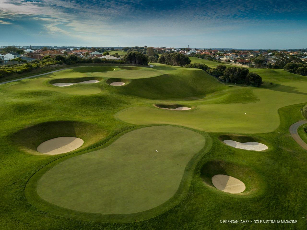 Joondalup Resort golf course, fairway framed by limestone and bushland near Perth, Western Australia, Australia