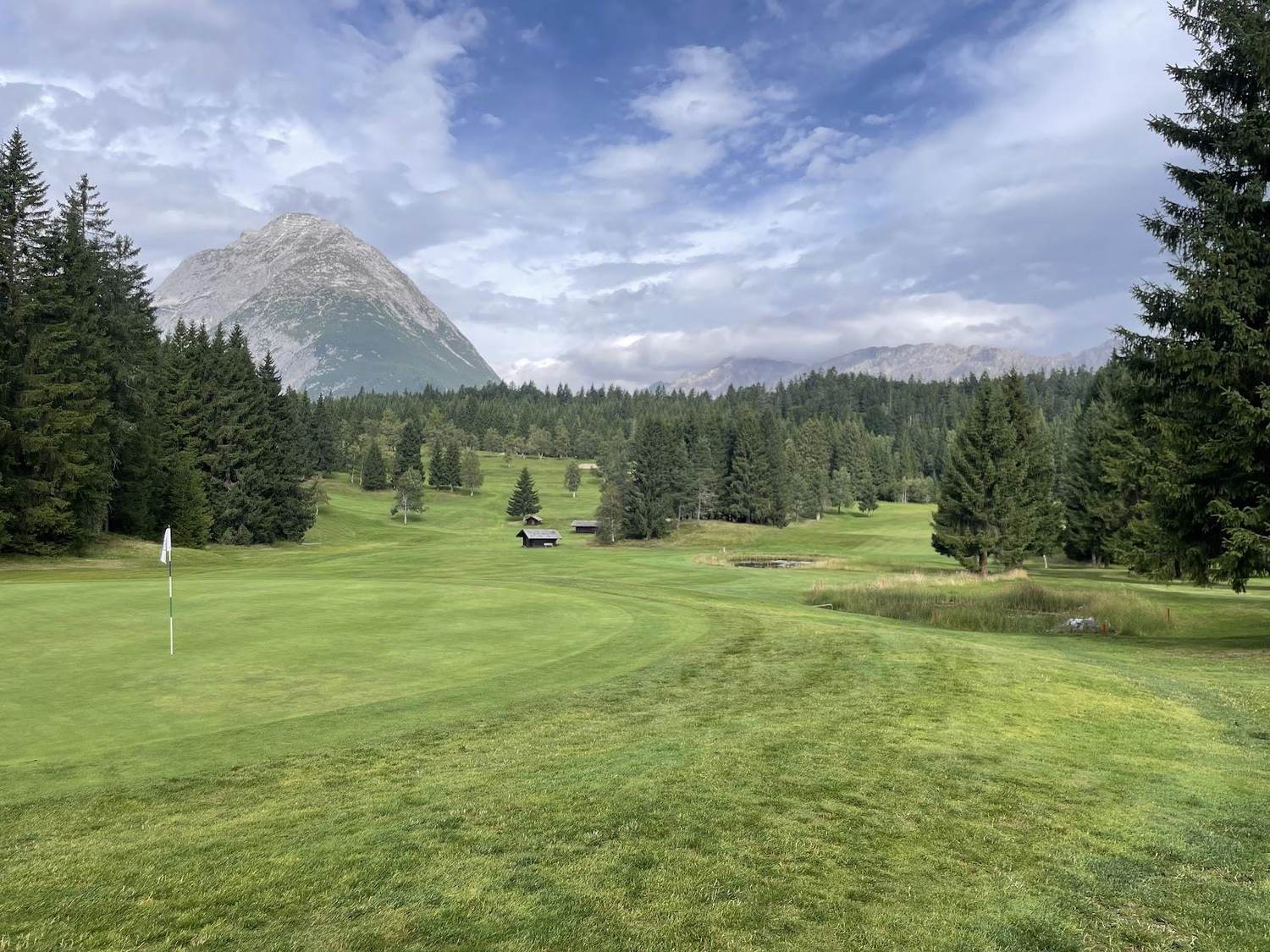 Golfclub Seefeld-Wildmoos, alpine fairway framed by larch and birch above Seefeld in the Tyrol, Austria
