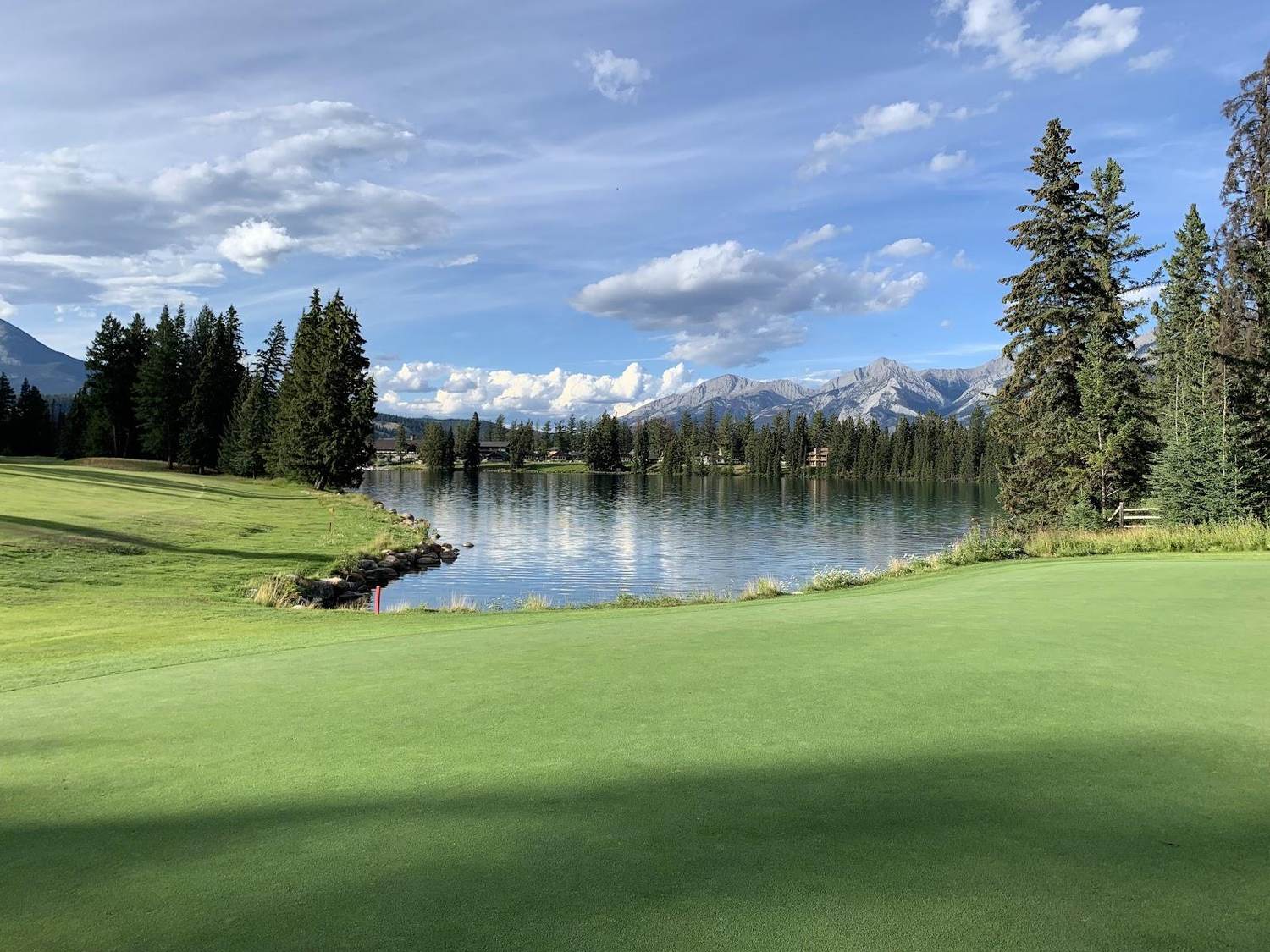 Jasper Park Lodge Golf Course, mountain fairway beside Lake Beauvert beneath the Canadian Rockies, Alberta