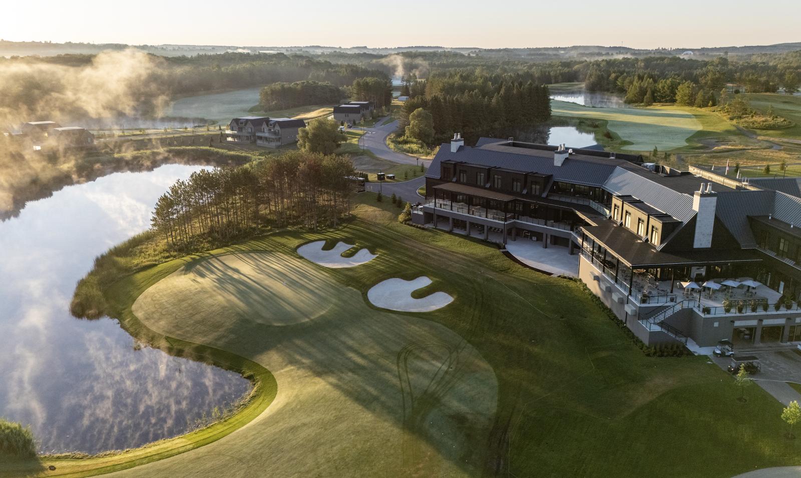 The North course at TPC Toronto at Osprey Valley in Caledon, a tournament fairway with bunkering and grandstands, Ontario, Canada