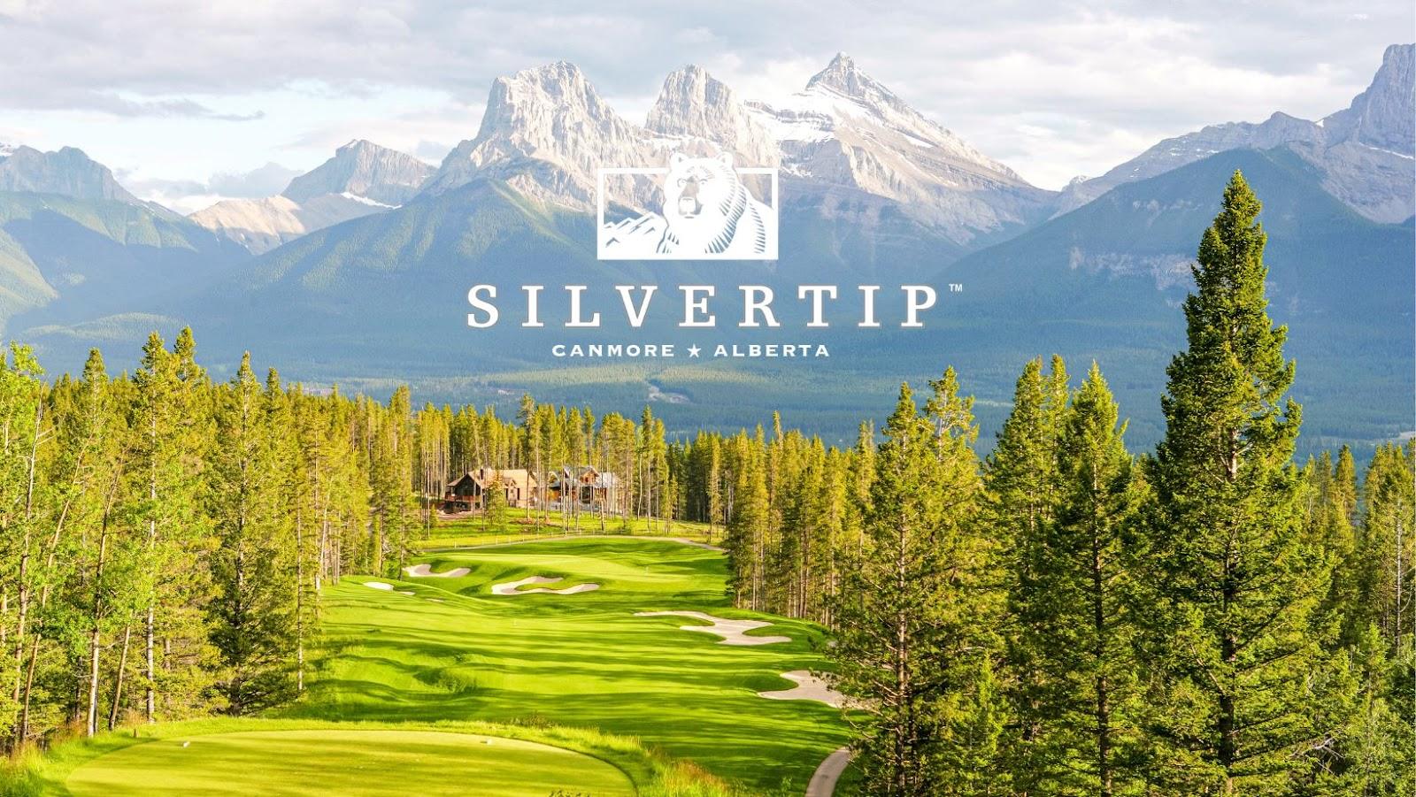 Silvertip Resort golf course in Canmore, a steeply terraced mountain fairway with the Canadian Rockies rising behind, Alberta, Canada