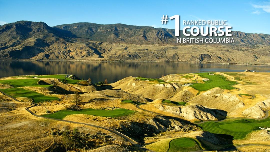 Tobiano golf course, rolling fairway high above the blue water of Kamloops Lake in British Columbia, Canada