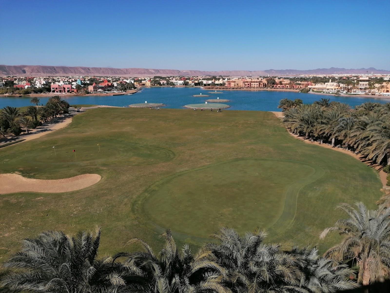 El Gouna Golf Club, paspalum fairway among lagoons with the Red Sea mountains behind, Egypt