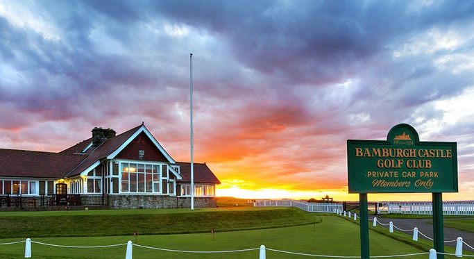 Bamburgh Castle Golf Club, links fairway on the Northumberland coast with the castle in view, England