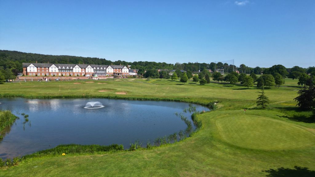 Carden Park Nicklaus Course, parkland fairway with Nicklaus bunkering and mounding in the Cheshire countryside near Chester, England