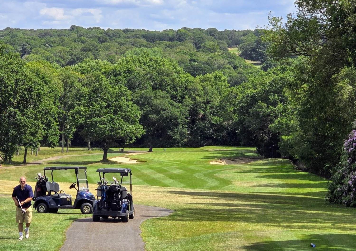 Coombe Hill Golf Club, mature trees and a sloping parkland fairway near Kingston upon Thames, Surrey, England