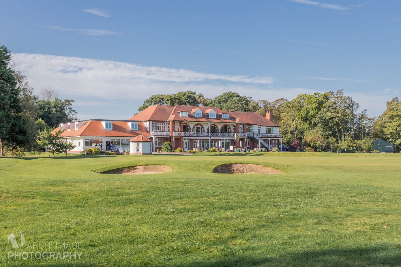 Fairhaven Golf Club, sand based fairway framed by trees in Lytham Hall Park, Lancashire, England