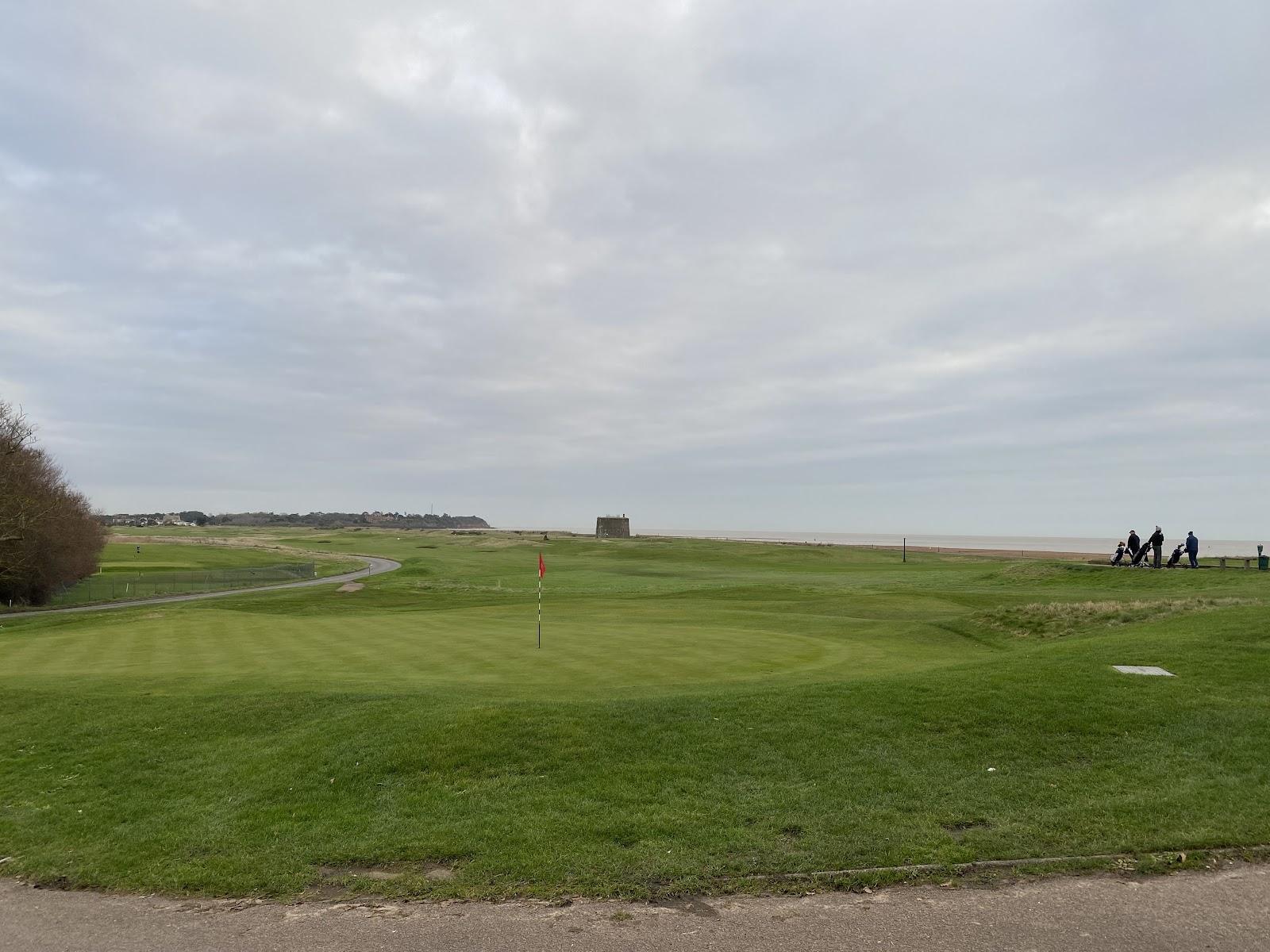 Felixstowe Ferry Golf Club, links fairway along the Suffolk coast with the Martello tower near the green