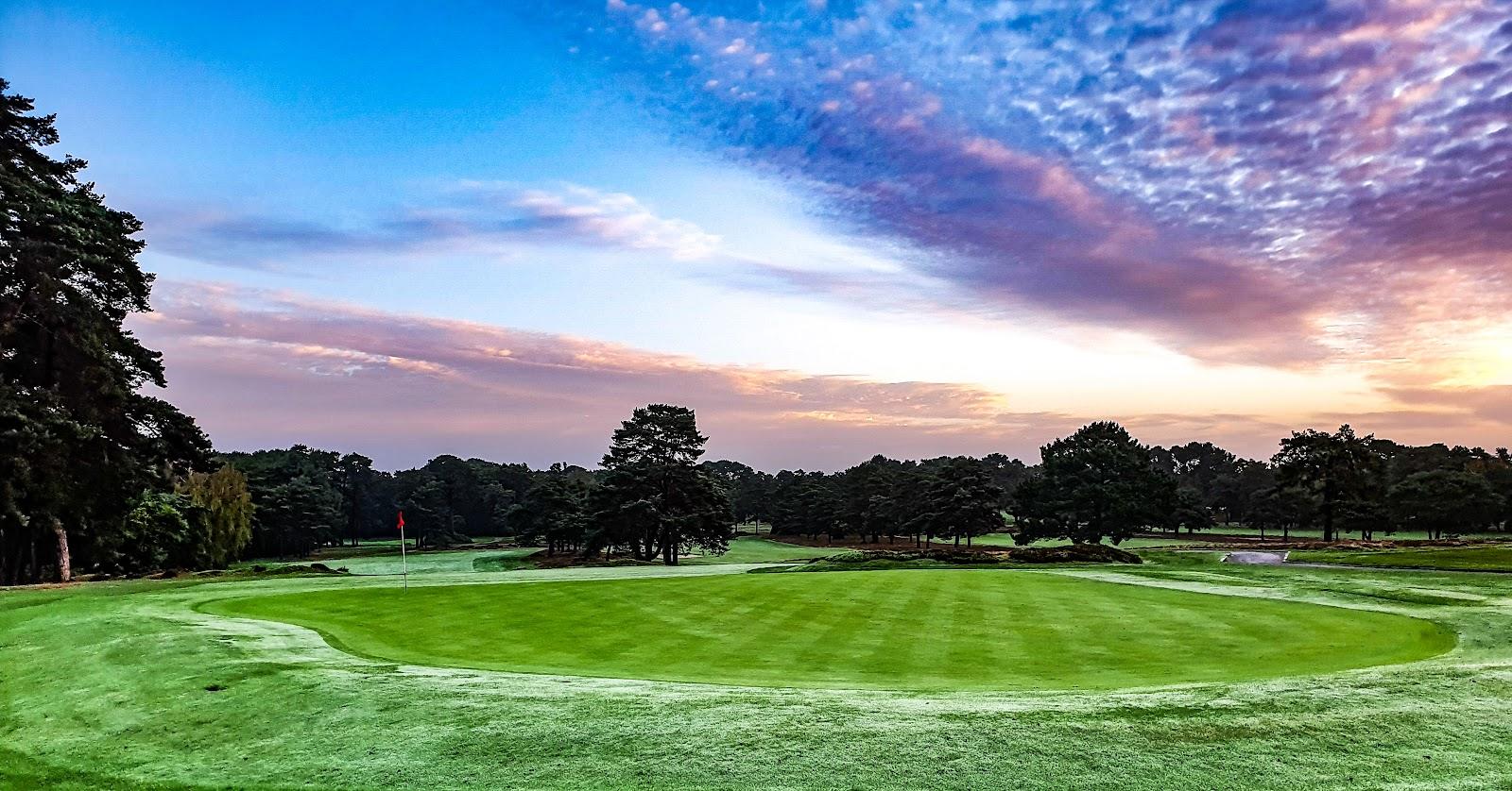 Ferndown Golf Club Old Course, heathland fairway lined with pine and heather in Dorset, England