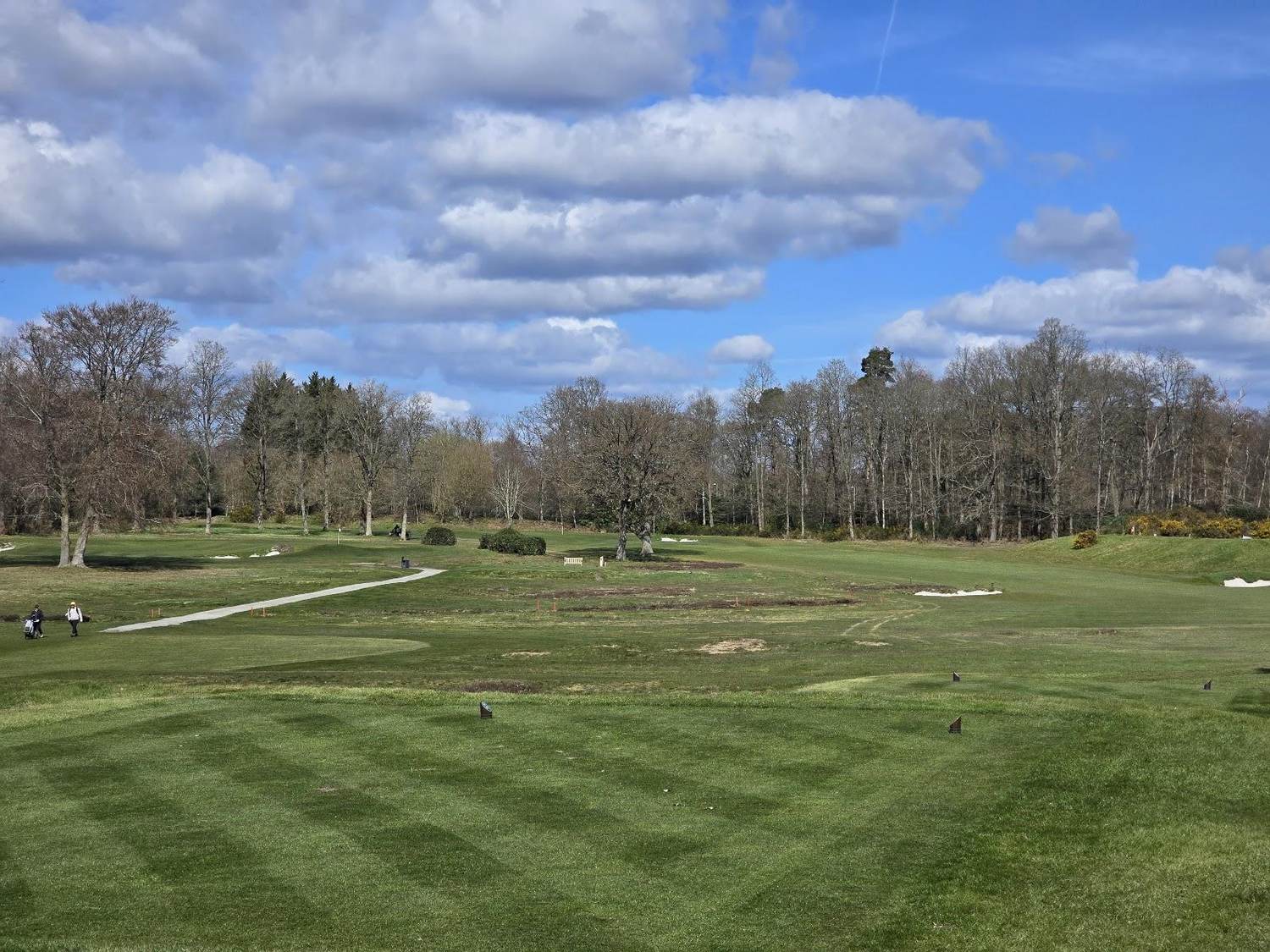 North Hants Golf Club, pines and heather framing a heathland fairway at Fleet, Hampshire, England