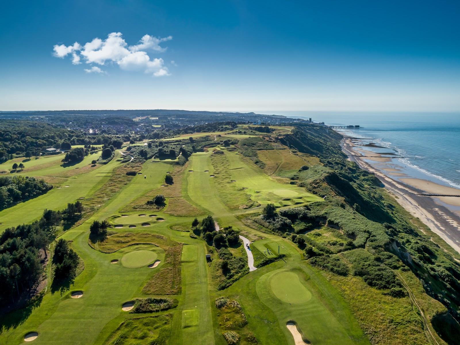 Royal Cromer Golf Club, clifftop fairway and lighthouse high above the North Sea on the Norfolk coast