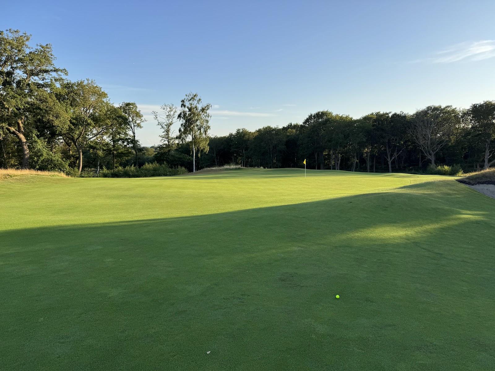 Royal Wimbledon Golf Club, heather and silver birch lining a heathland fairway on the edge of Wimbledon Common, London, England