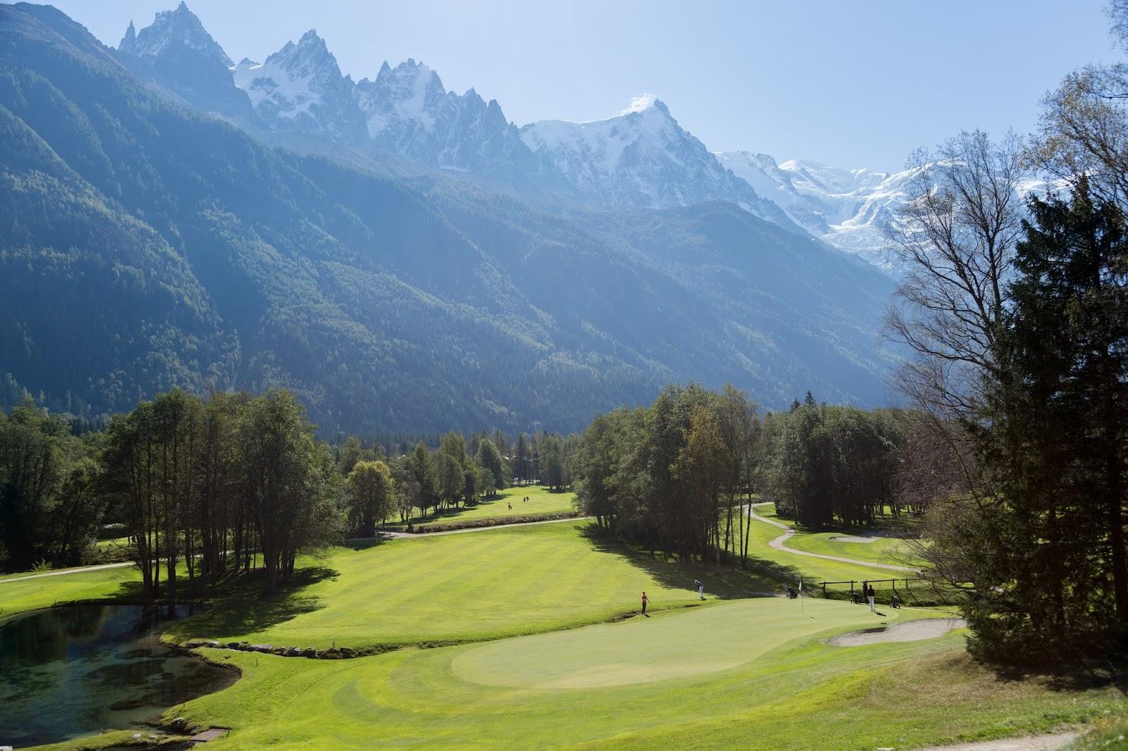 Golf Club de Chamonix, fairway on the valley floor at Les Praz beneath the Mont Blanc massif