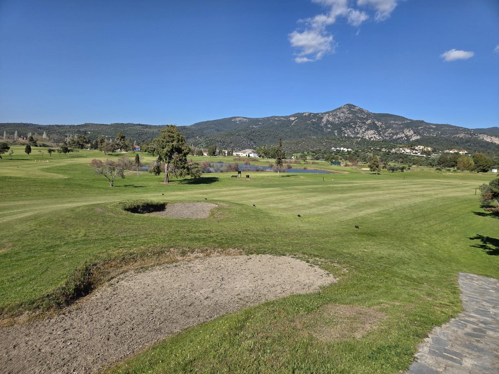 Porto Carras Golf Club fairways running between vineyards and the Aegean on the Sithonia peninsula of Halkidiki, Greece