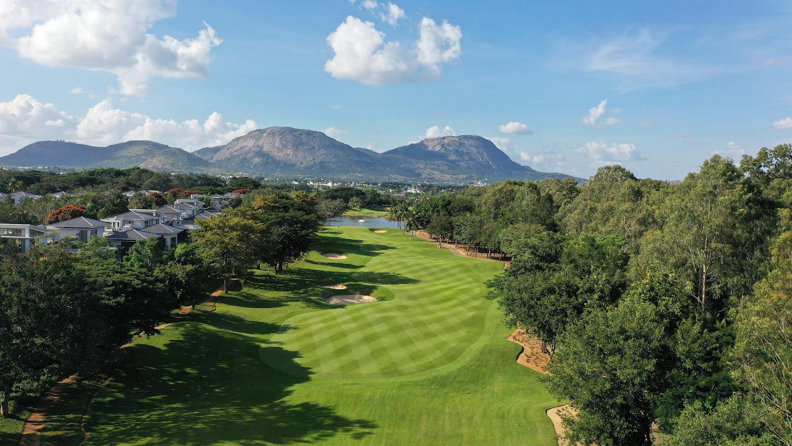 Prestige Golfshire Club, championship fairway below the Nandi Hills near Bangalore, India