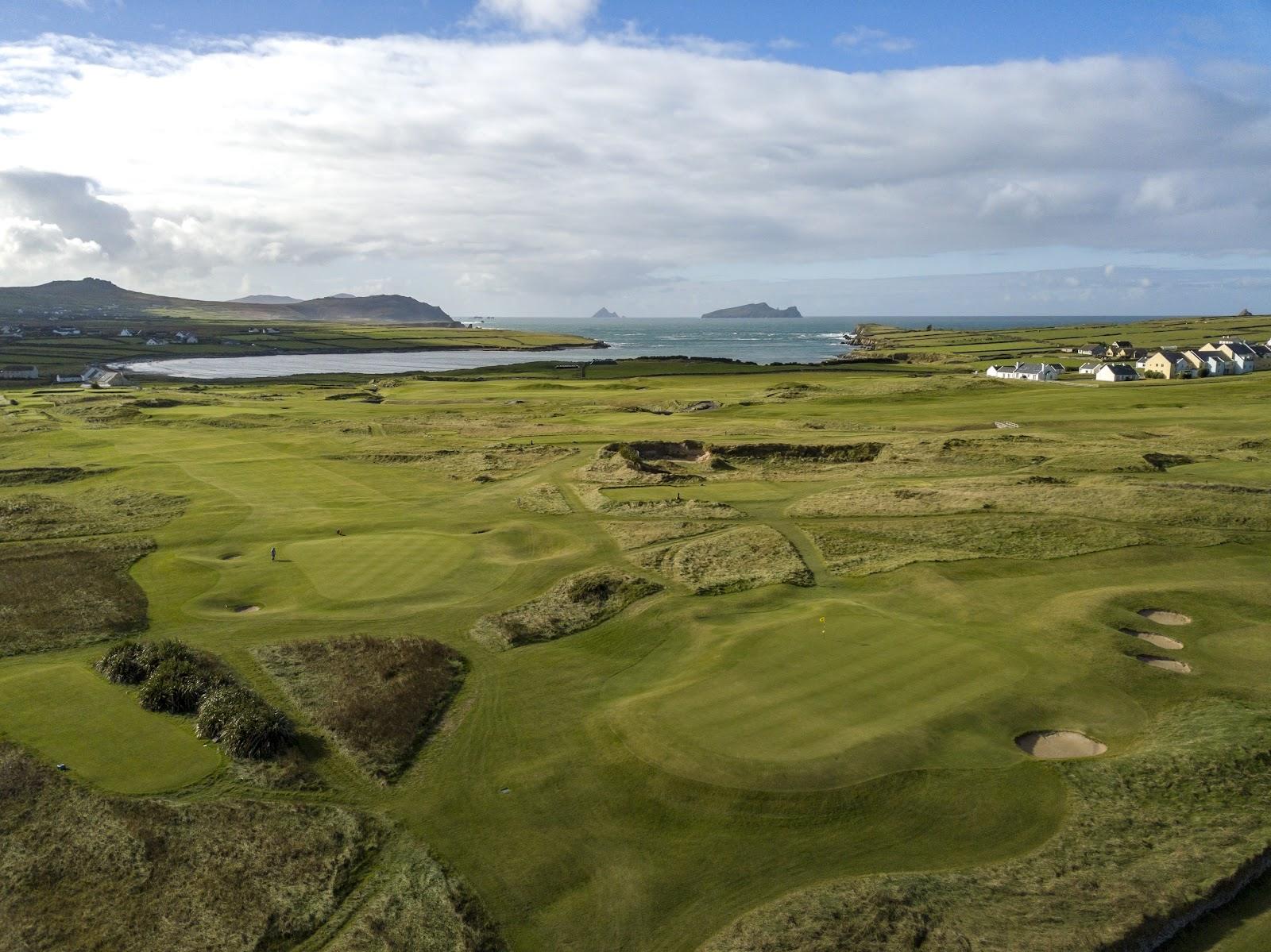 Ceann Sibeal Dingle Links, links fairway and burn beneath Mount Brandon on the Dingle Peninsula