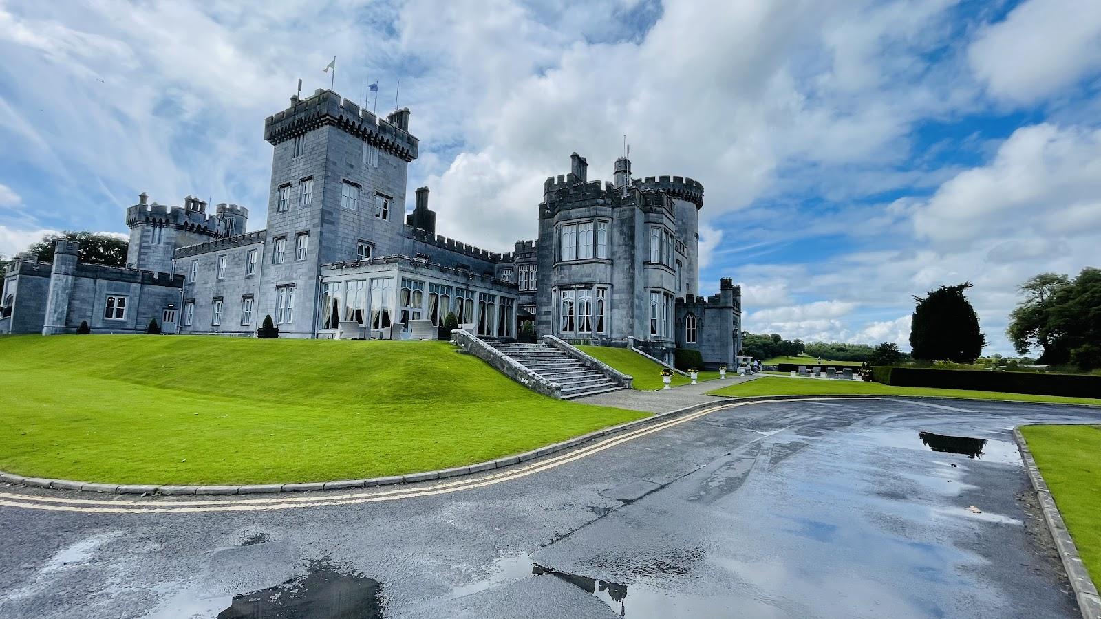 Dromoland Castle Golf Club, parkland fairway and lake below the castle hotel in County Clare, Ireland