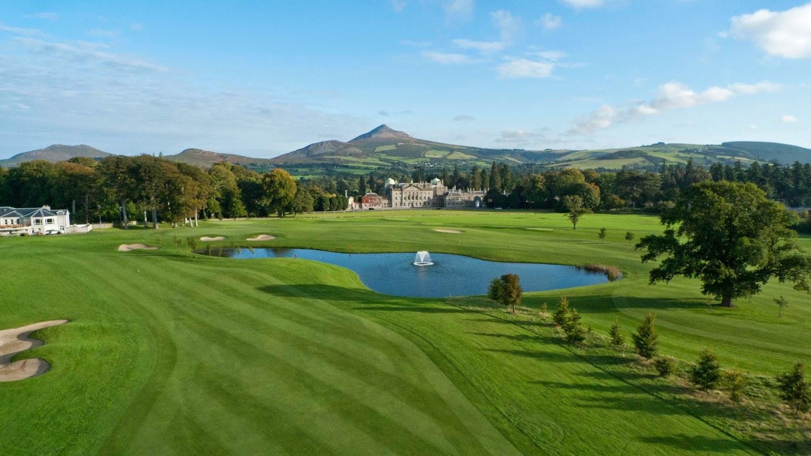 Powerscourt East golf course, parkland fairway beneath the Sugar Loaf mountain on the Powerscourt Estate in County Wicklow