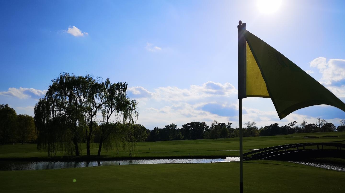 Golf Club Castelconturbia, wooded parkland fairway near Agrate Conturbia in Piedmont, Italy, with the Monte Rosa massif beyond