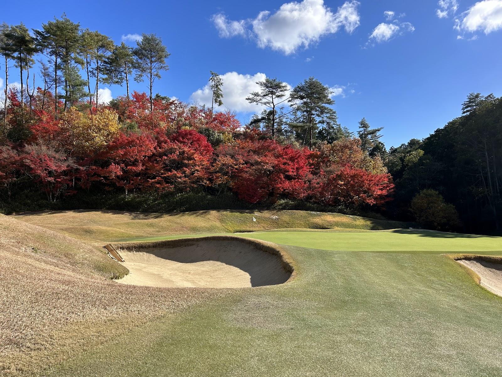 Naruo Golf Club, classic hill country fairway and bunkering in the hills above Kawanishi near Kobe, Japan