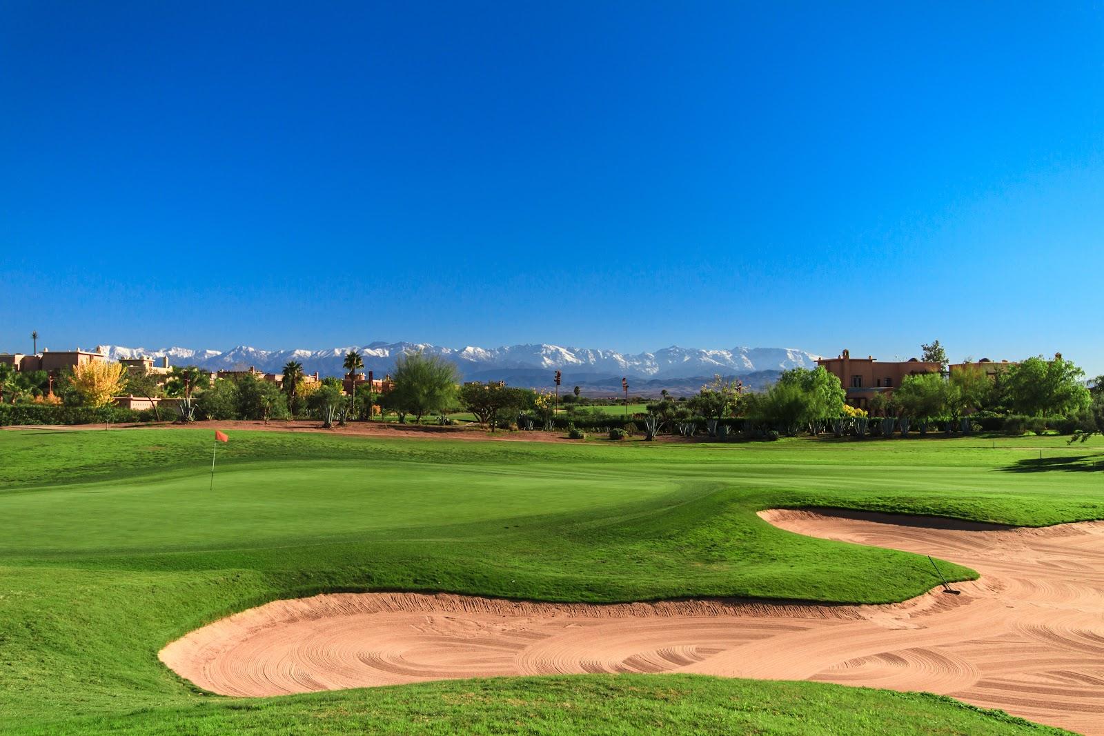 Samanah Country Club, fairway framed by the Atlas Mountains near Marrakech, Morocco