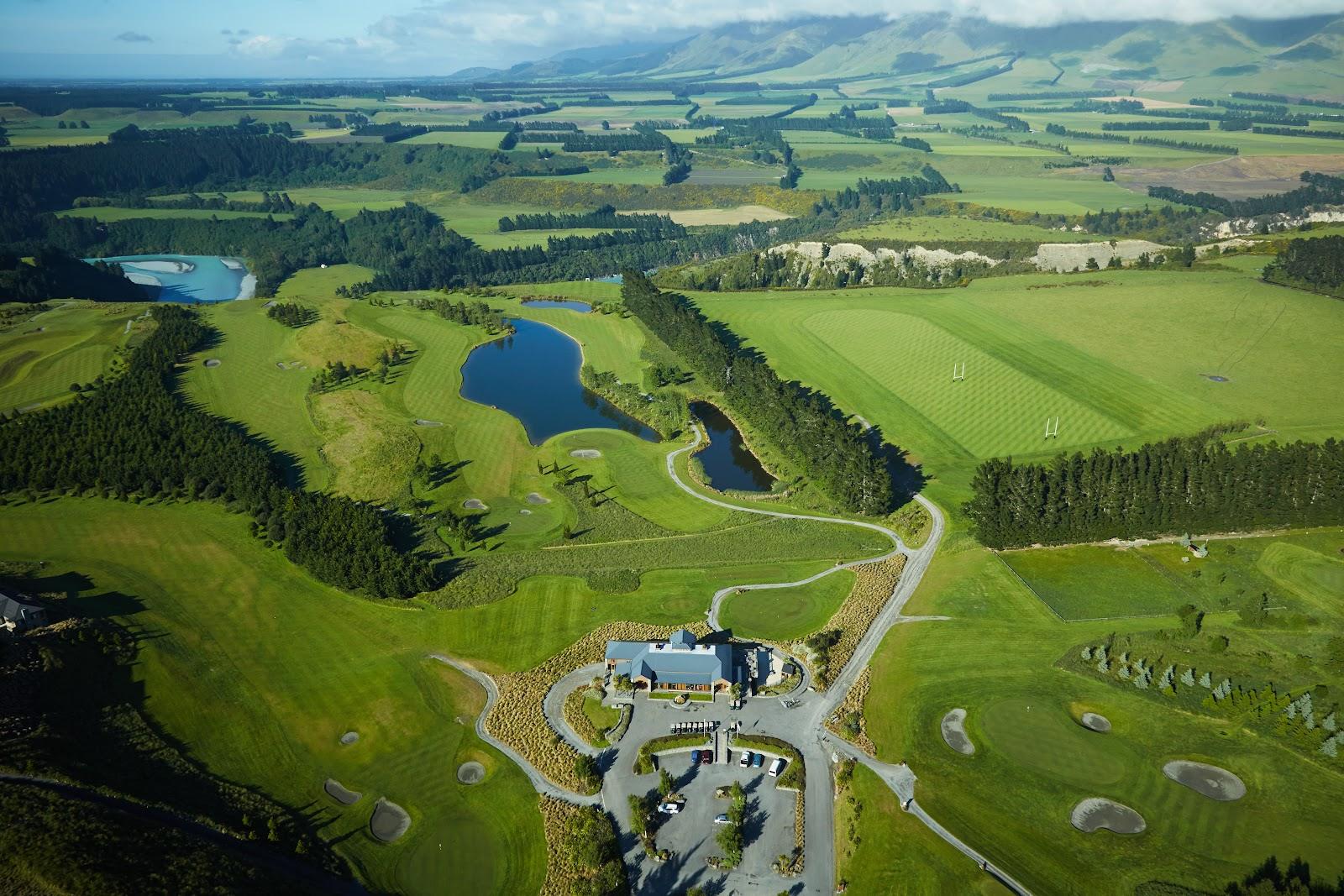 Terrace Downs golf course, high country fairway beneath the Southern Alps near the Rakaia Gorge, New Zealand