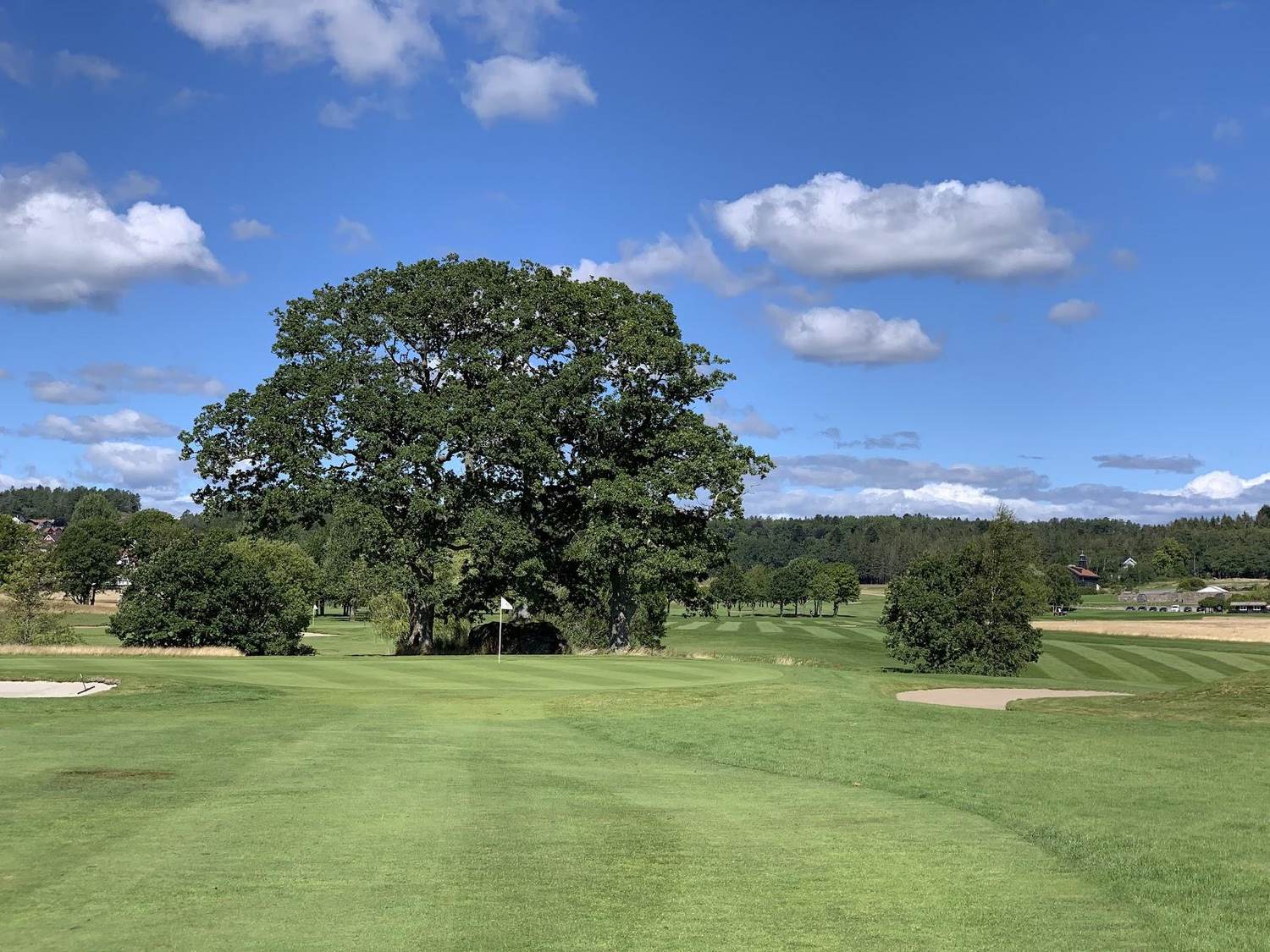 Larvik Golfklubb, fairway framed by woodland and water near the Larvik Fjord in Vestfold, Norway