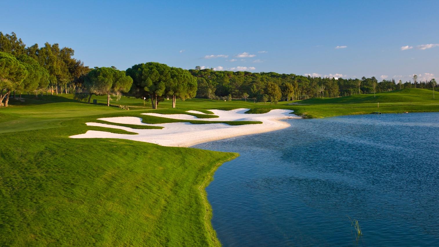 Quinta do Lago Laranjal, parkland fairway lined with orange groves and umbrella pines in the Algarve, Portugal
