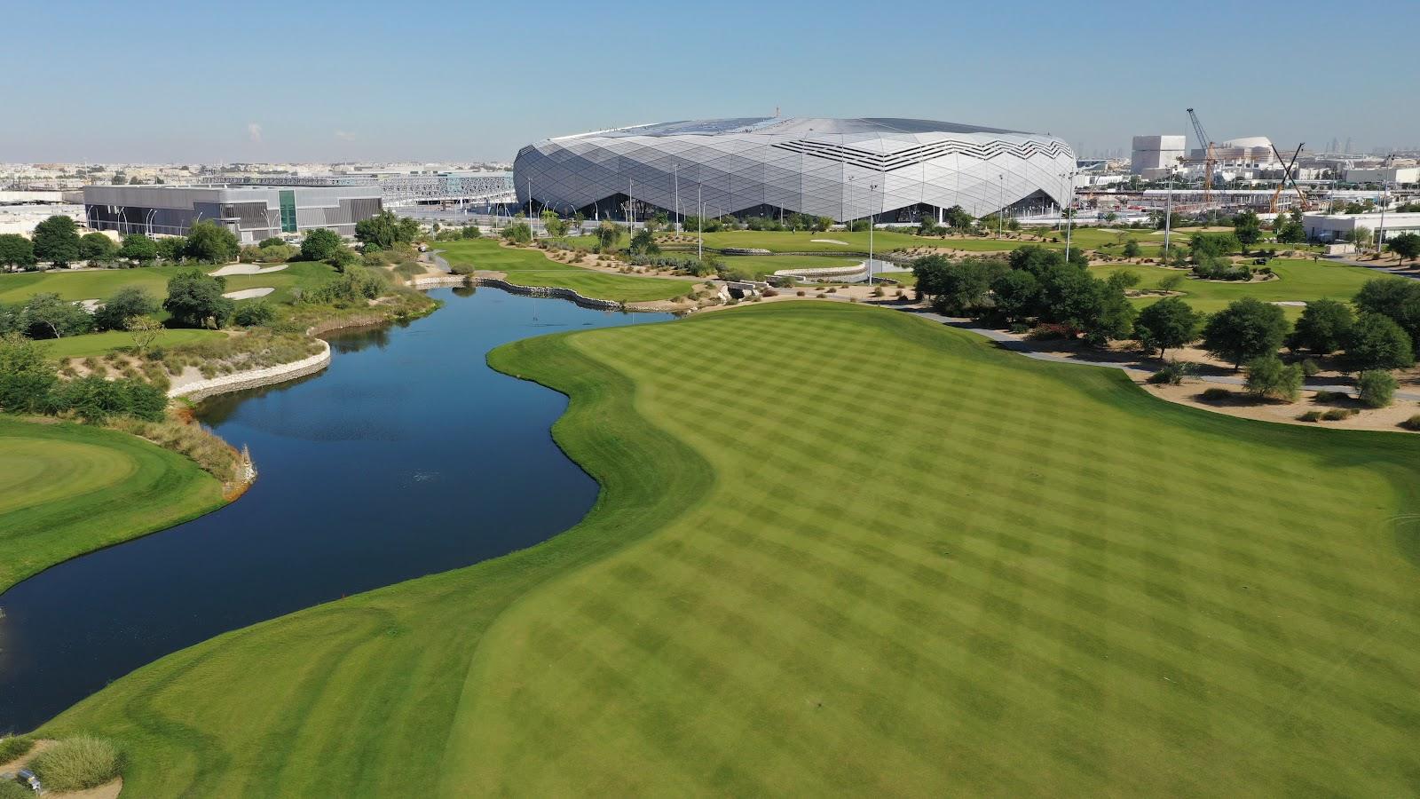 Education City Golf Club, championship desert fairway and water at the Jose Maria Olazabal course in Doha, Qatar