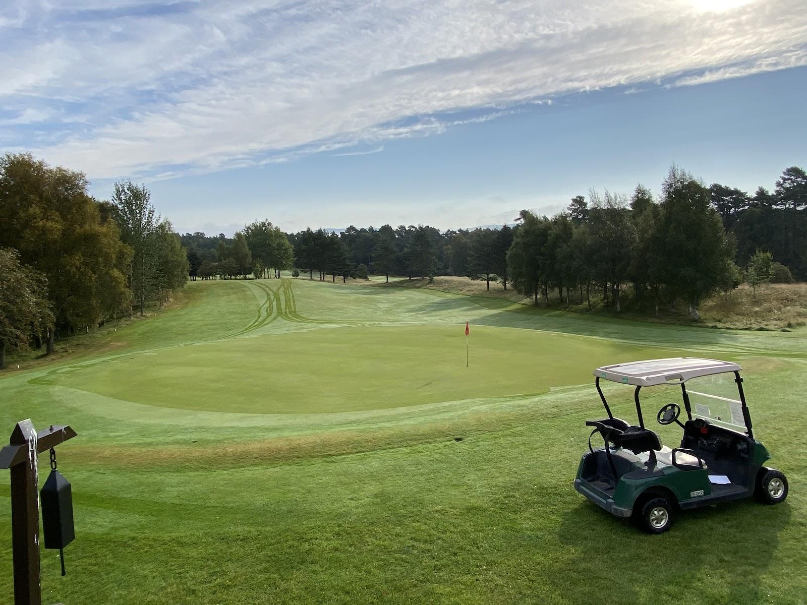 Grantown-on-Spey Golf Club, tree lined moorland fairways with the Cairngorm and Cromdale hills beyond, Highland Scotland