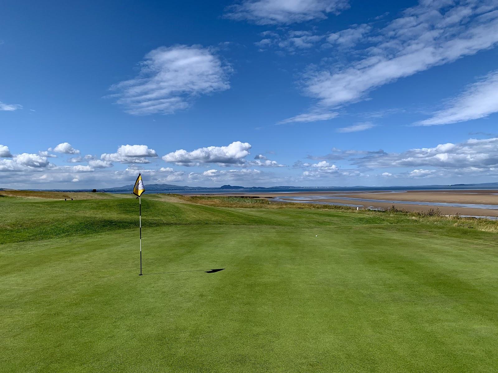 Kilspindie Golf Club, seaside links holes along Aberlady Bay on the Firth of Forth, East Lothian, Scotland