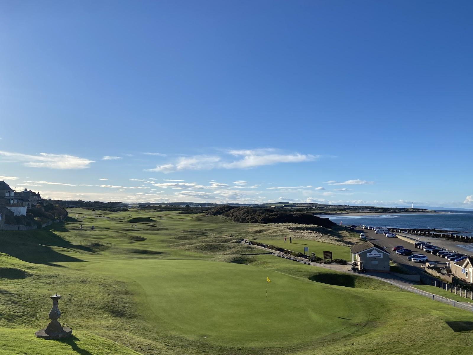 Moray Golf Club Old Course, links fairway and gorse above the town of Lossiemouth on the Moray coast, Scotland