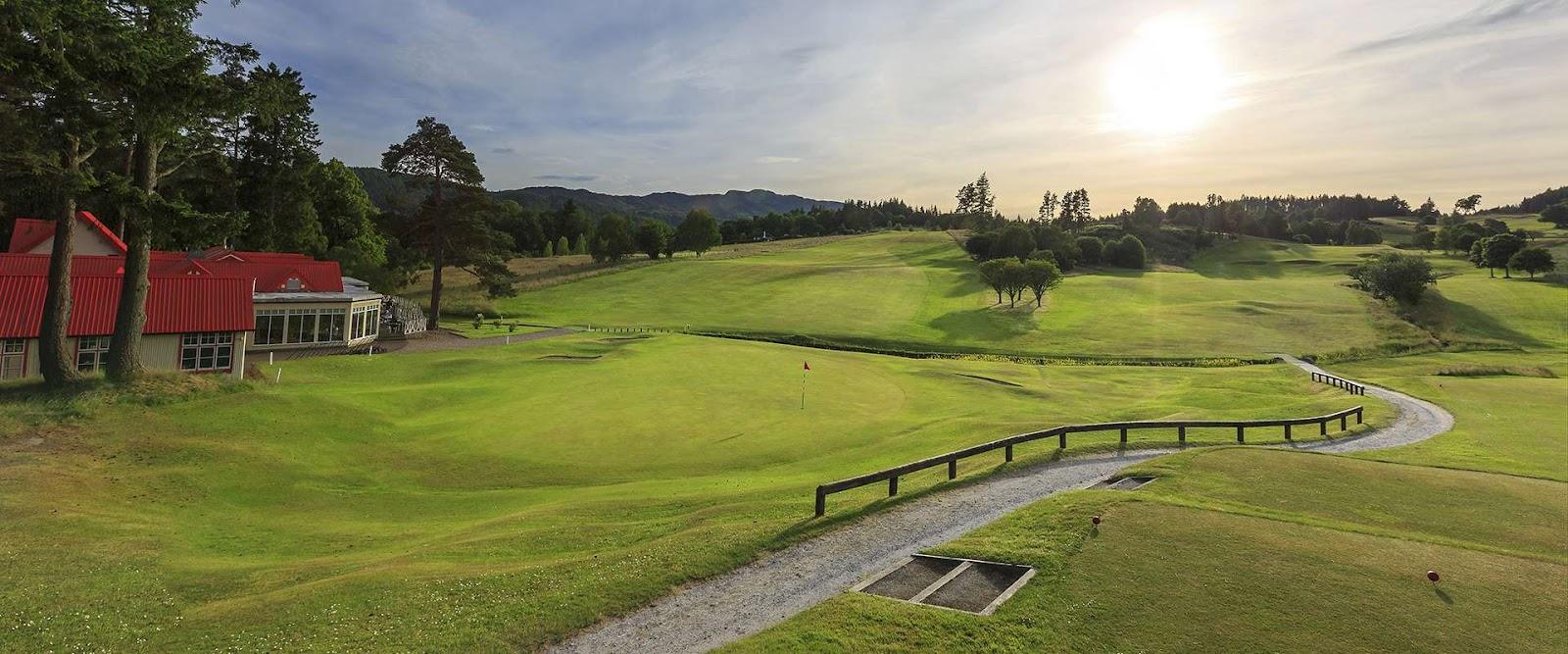 Pitlochry Golf Course, upland fairways climbing above the Tummel Valley with Highland Perthshire hills beyond, Scotland
