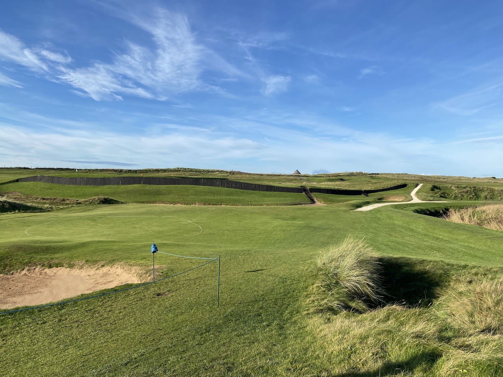 Prestwick Golf Club, links fairways and humps beside the railway in Ayrshire, Scotland