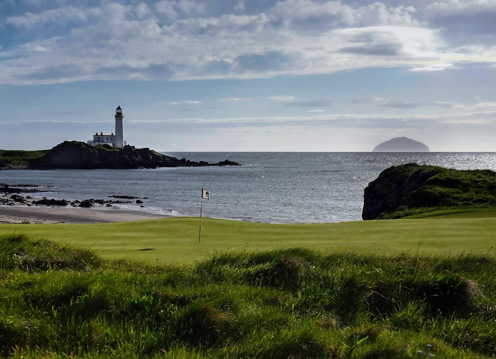 Turnberry Kintyre Course, coastal links fairways above the Irish Sea with Ailsa Craig in the distance, South Ayrshire, Scotland