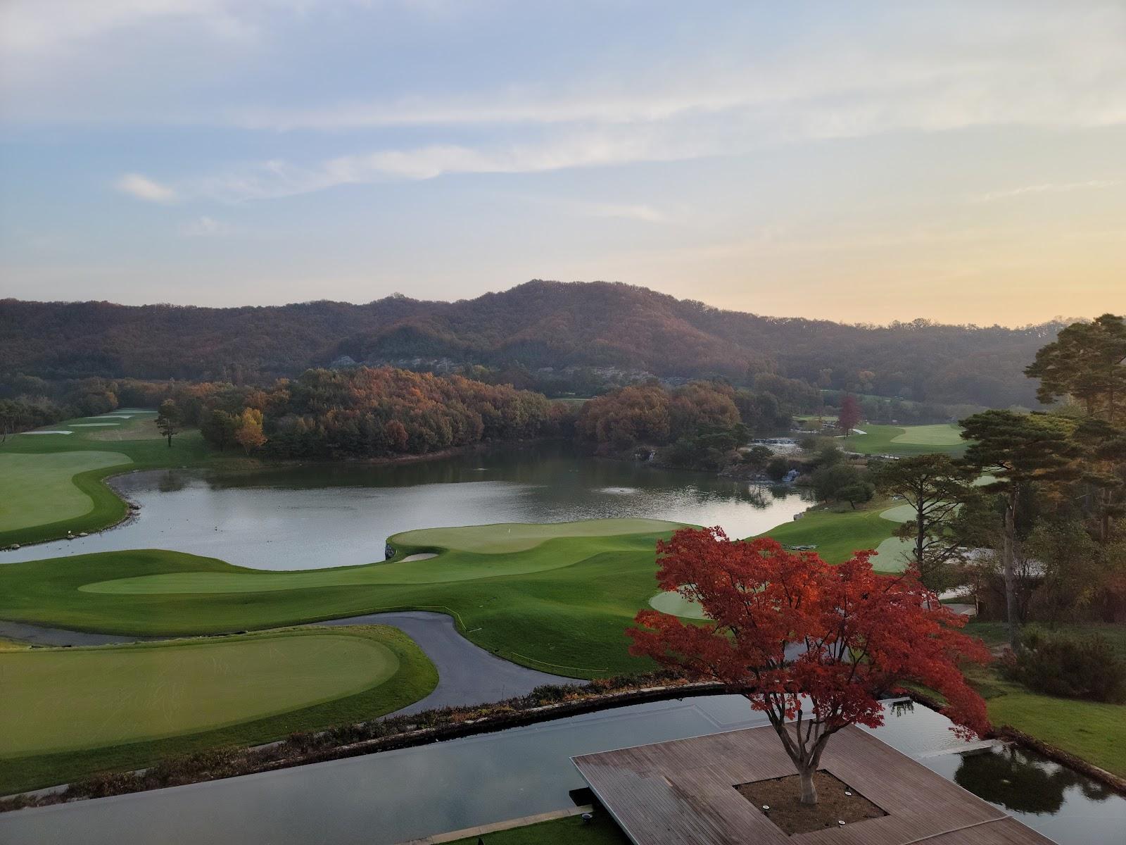 Haesley Nine Bridges, rolling wooded fairways and the timber clubhouse in Yeoju near Seoul, South Korea