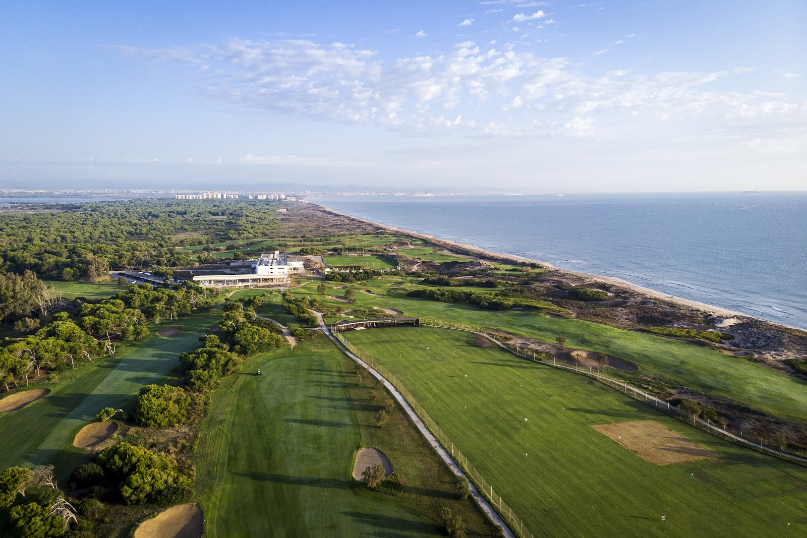 El Saler Golf Course, fairway running through umbrella pines and dunes toward the Mediterranean near Valencia
