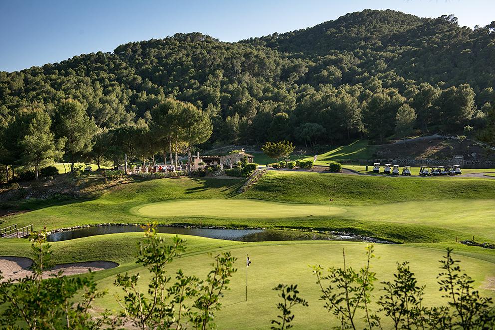 Golf de Andratx, fairway among olive groves and hills at Camp de Mar, Mallorca, Spain