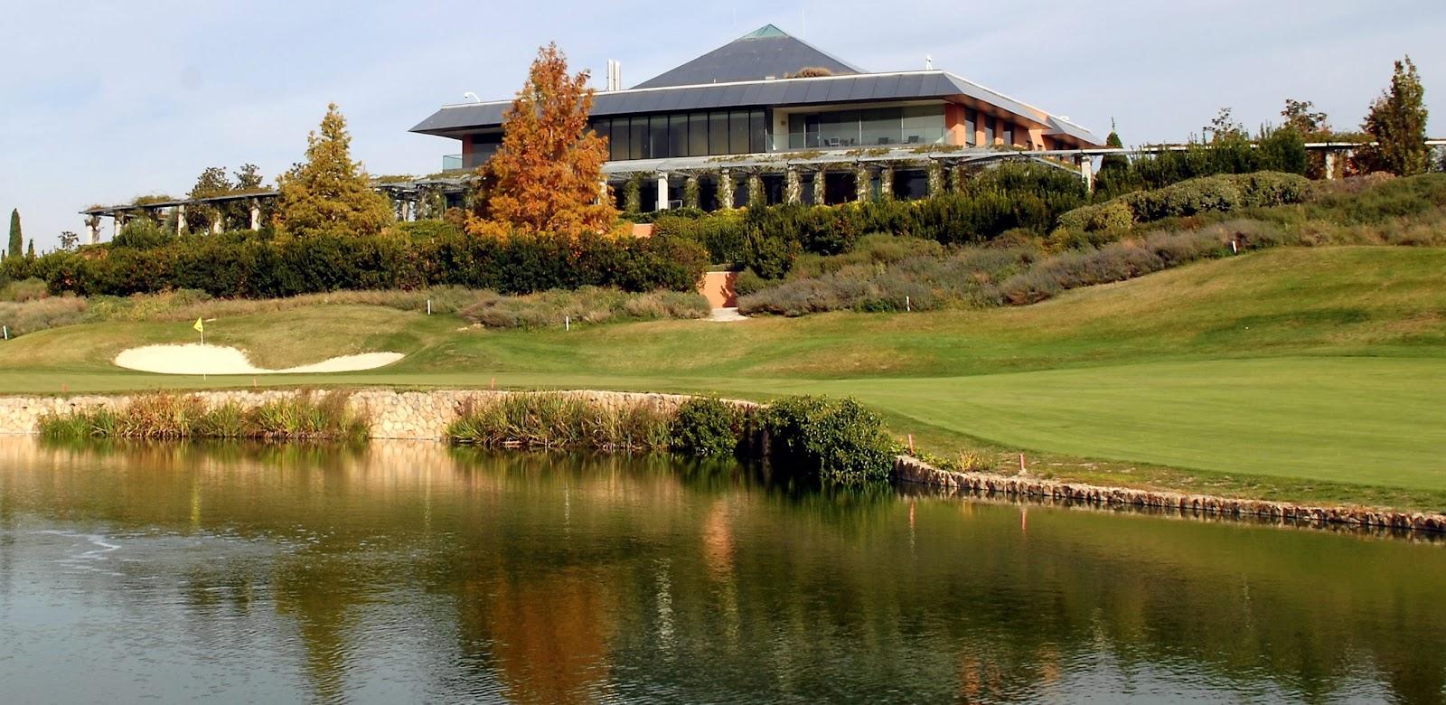 Golf Santander, wide fairways and shaped bunkering on the Banco Santander campus at Boadilla del Monte near Madrid, Spain