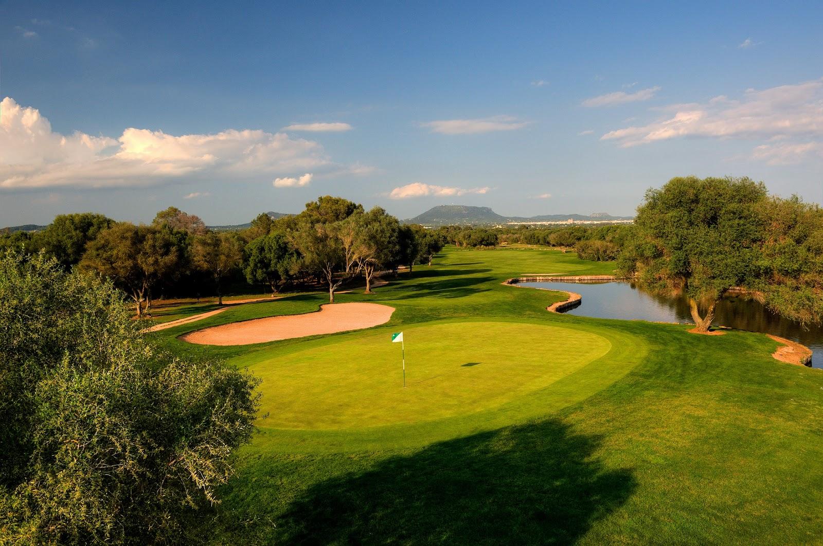 Son Antem Golf West, the championship course at the Son Antem resort near Llucmajor, Mallorca, with views toward the Randa mountain
