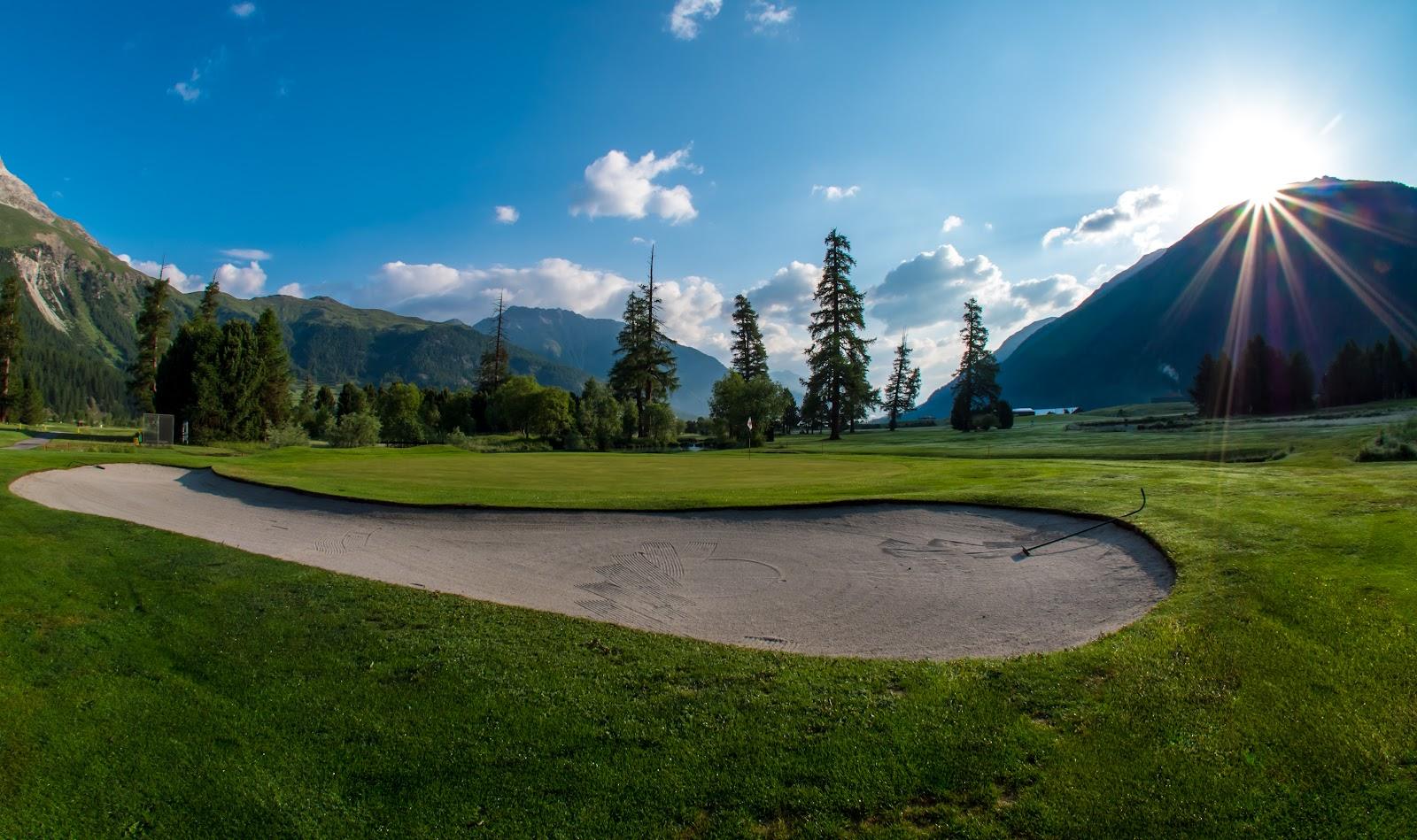 Engadine Golf Club Samedan, broad valley fairways below the peaks of the Upper Engadine near St Moritz, Switzerland