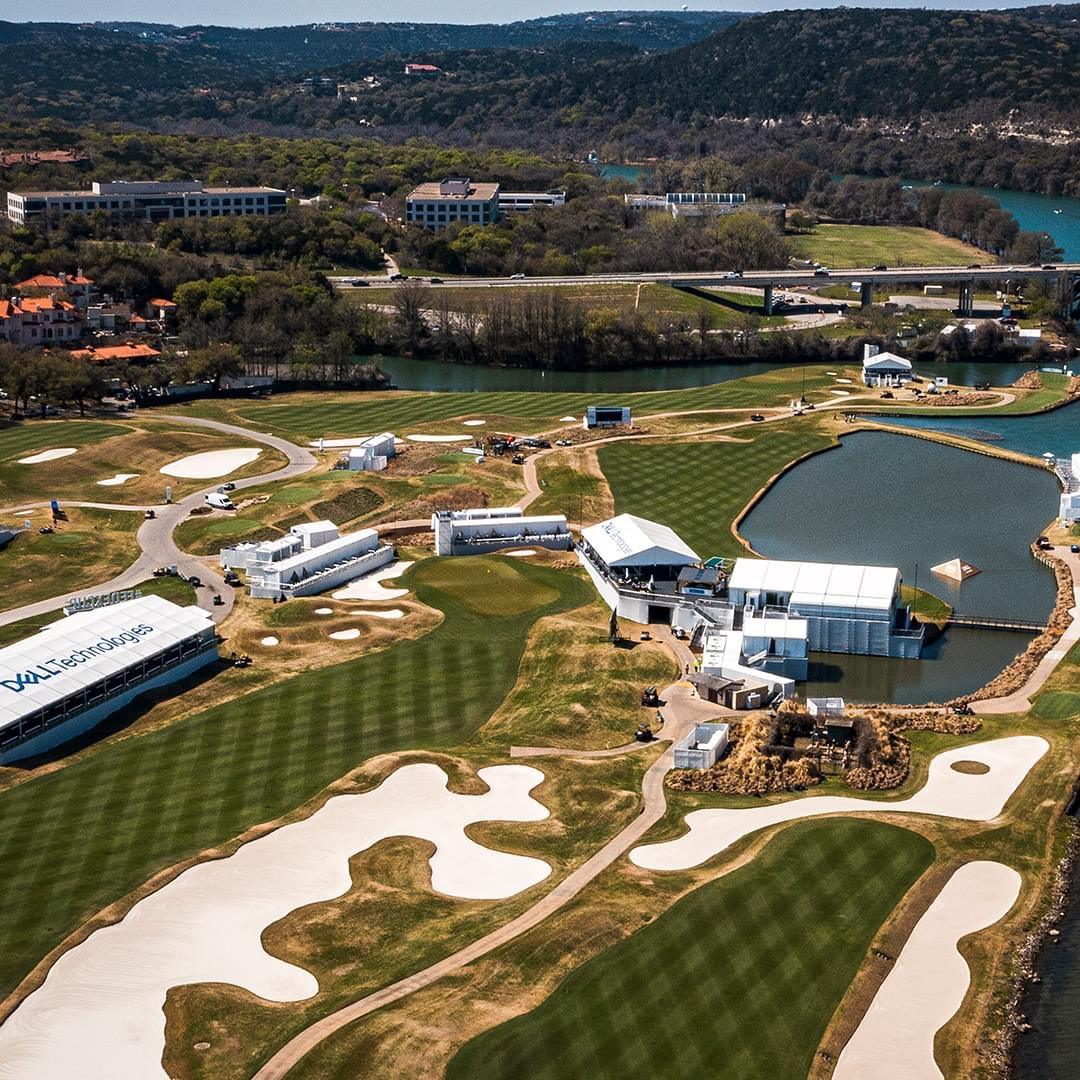 Austin Country Club, a Pete Dye fairway along Lake Austin beneath the Pennybacker Bridge, Texas
