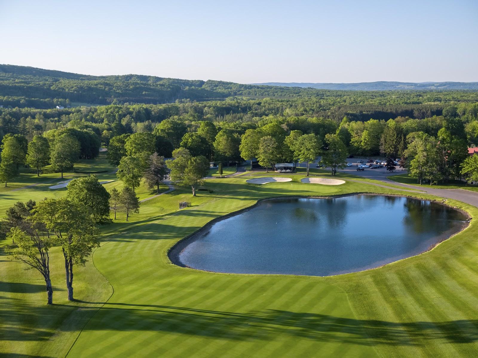 The Heather course at Boyne Highlands, tree lined fairway below the ski slopes at Harbor Springs, Michigan