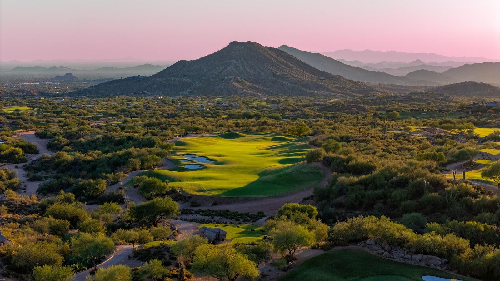 Desert Mountain Cochise course, a high desert fairway and elevated green in north Scottsdale, Arizona