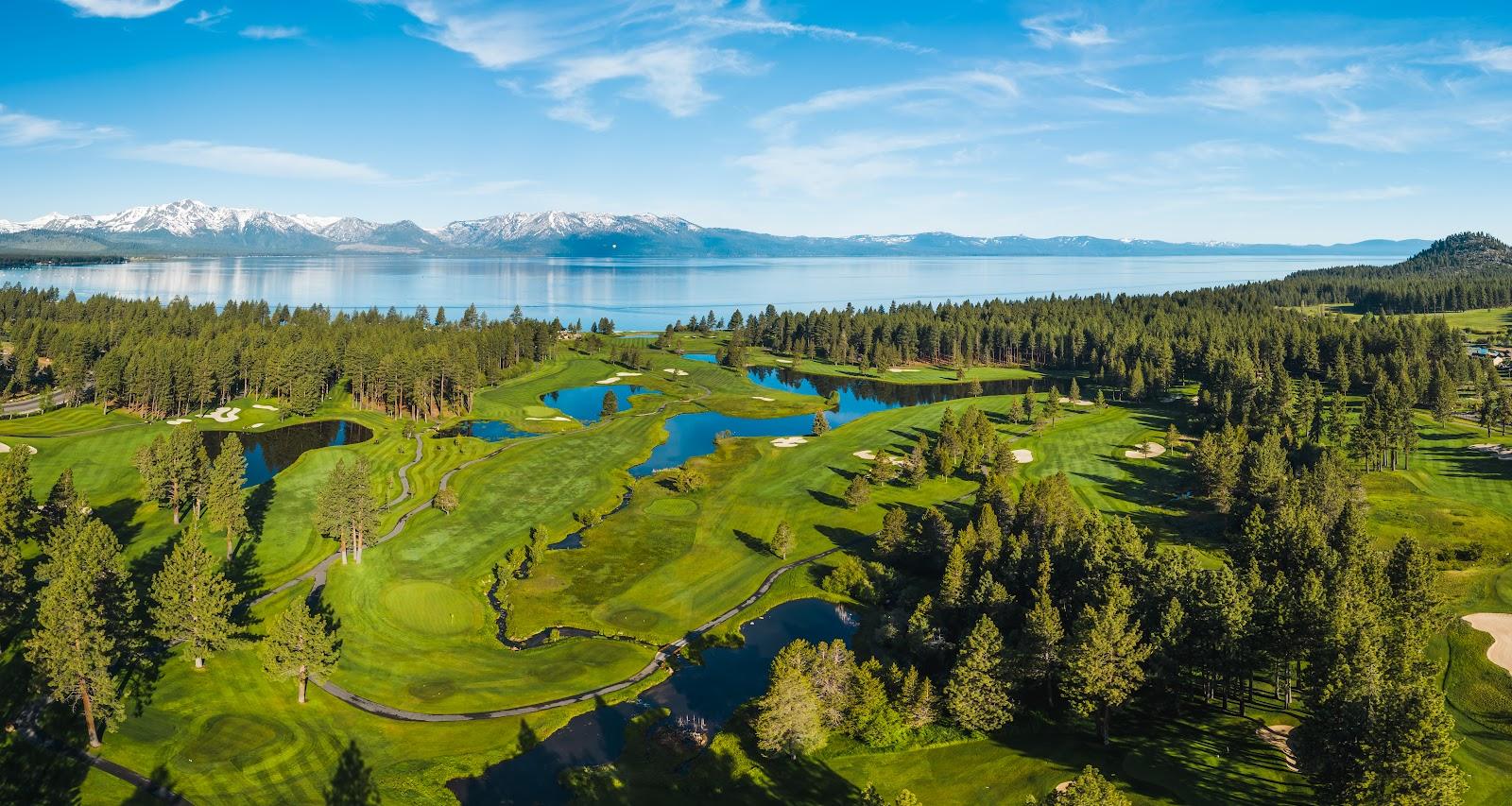 Edgewood Tahoe Golf Course, fairways running down to the south shore of Lake Tahoe at Stateline, Nevada