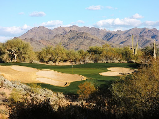 Grayhawk Talon course, a desert fairway with native washes and saguaro in north Scottsdale, Arizona